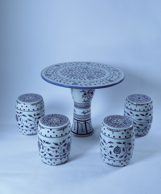 Jingdezhen Porcelain A Blue And White Table And Six Stools
