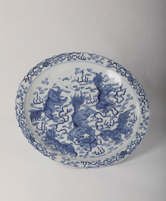 Jingdezhen a Blue And White Platter With Designs Of Lions Playing With a Ball